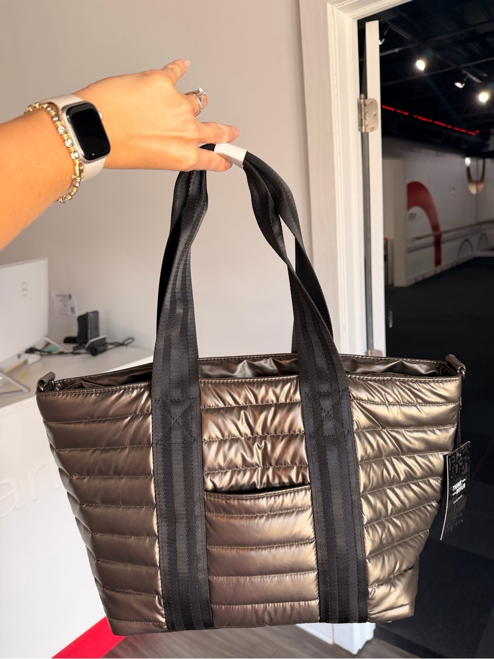 Metallic Quilted Tote Bag in Black - Sleek Everyday Carry
